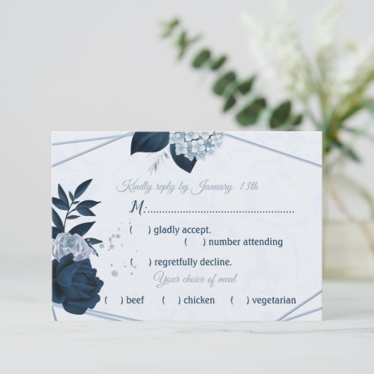 Navy & Dustblauwe bloemen Geometrische maaltijdkeu RSVP Kaartje (Staand voorkant)