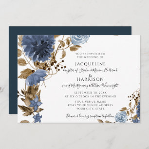Navy Dusty Blauw Bloemen Aardse Blauw Bruiloft Kaart