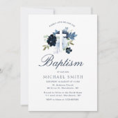 Navy & Dusty Blauw Bloemen Doop Uitnodiging (Voorkant)