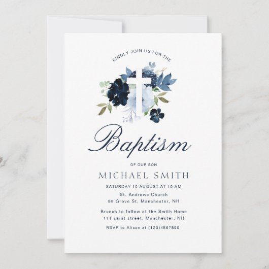 Navy & Dusty Blauw Bloemen Doop Uitnodiging (Voorkant)