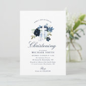 Navy & Dusty Blauw Bloemen doopsel Kaart (Staand voorkant)