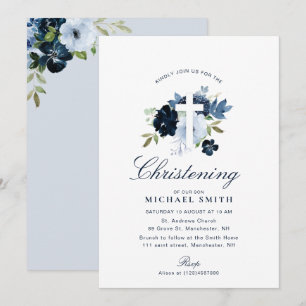 Navy & Dusty Blauw Bloemen doopsel Kaart