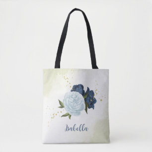 Navy Dusty Blauw Bloemen Groen Tote Bag