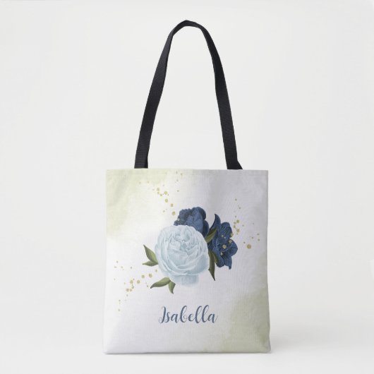 Navy Dusty Blauw Bloemen Groen Tote Bag (Voorkant)