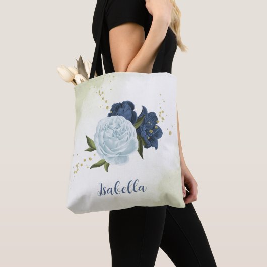 Navy Dusty Blauw Bloemen Groen Tote Bag (Dichtbij)