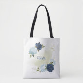 Navy Dusty Blauw Bloemen Groen Tote Bag (Voorkant)