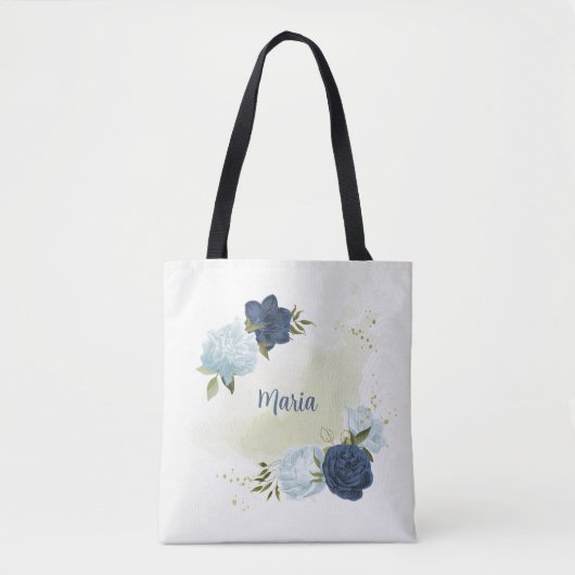 Navy Dusty Blauw Bloemen Groen Tote Bag (Voorkant)