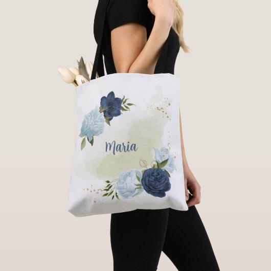Navy Dusty Blauw Bloemen Groen Tote Bag (Dichtbij)