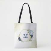 Navy Dusty Blauw Bloemen Groen Tote Bag (Voorkant)