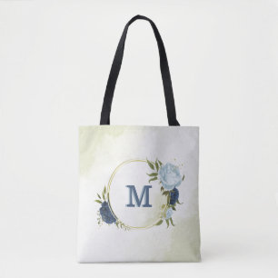 Navy Dusty Blauw Bloemen Groen Tote Bag