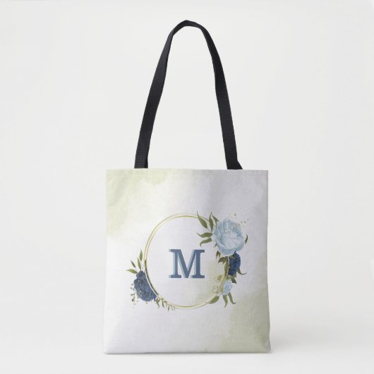 Navy Dusty Blauw Bloemen Groen Tote Bag (Voorkant)