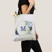 Navy Dusty Blauw Bloemen Groen Tote Bag (Dichtbij)