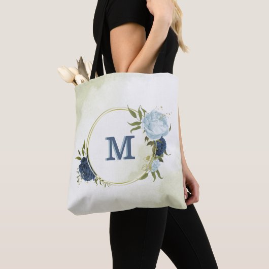 Navy Dusty Blauw Bloemen Groen Tote Bag (Dichtbij)