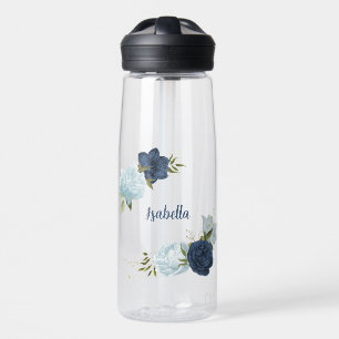 Navy Dusty Blauw Bloemen Groen Waterfles