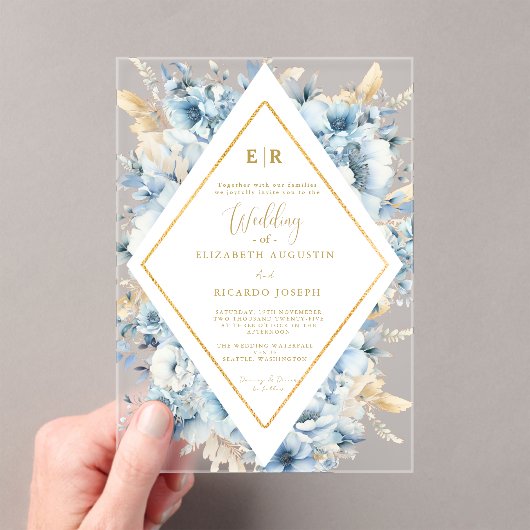 Navy Dusty Blauw Goud Bloemen Lente Bloei Bruiloft Acryl Uitnodigingen (Insitu (Draagbaar))