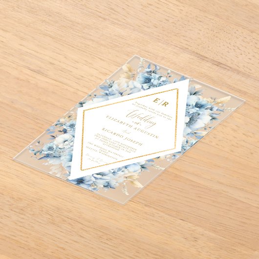 Navy Dusty Blauw Goud Bloemen Lente Bloei Bruiloft Acryl Uitnodigingen (Laagn)