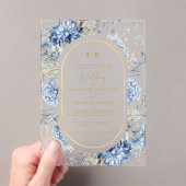 Navy Dusty Blauw Goud Bloemen Lente Bloei Bruiloft Acryl Uitnodigingen (Insitu (Draagbaar))