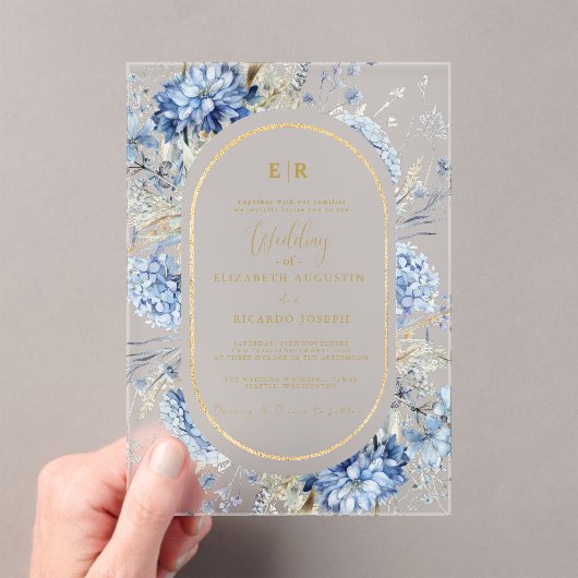 Navy Dusty Blauw Goud Bloemen Lente Bloei Bruiloft Acryl Uitnodigingen (Insitu (Draagbaar))