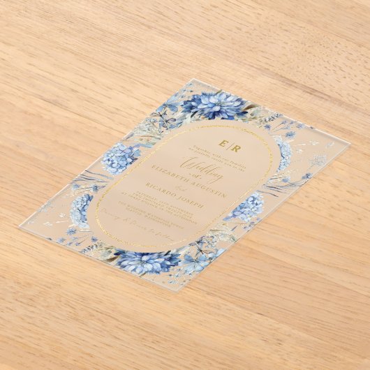 Navy Dusty Blauw Goud Bloemen Lente Bloei Bruiloft Acryl Uitnodigingen (Laagn)