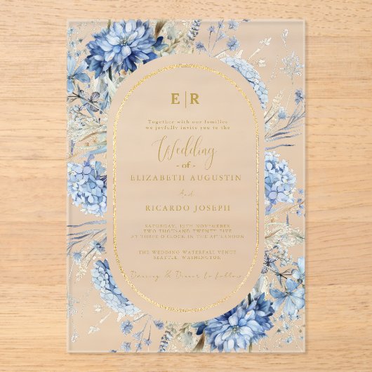 Navy Dusty Blauw Goud Bloemen Lente Bloei Bruiloft Acryl Uitnodigingen (Voorkant)