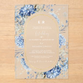Navy Dusty Blauw Goud Bloemen Lente Bloei Bruiloft Acryl Uitnodigingen (Voorkant)