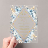 Navy Dusty Blauw Goud Bloemen Lente Bloei Bruiloft Acryl Uitnodigingen (Insitu (Draagbaar))