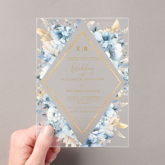 Navy Dusty Blauw Goud Bloemen Lente Bloei Bruiloft Acryl Uitnodigingen (Insitu (Draagbaar))