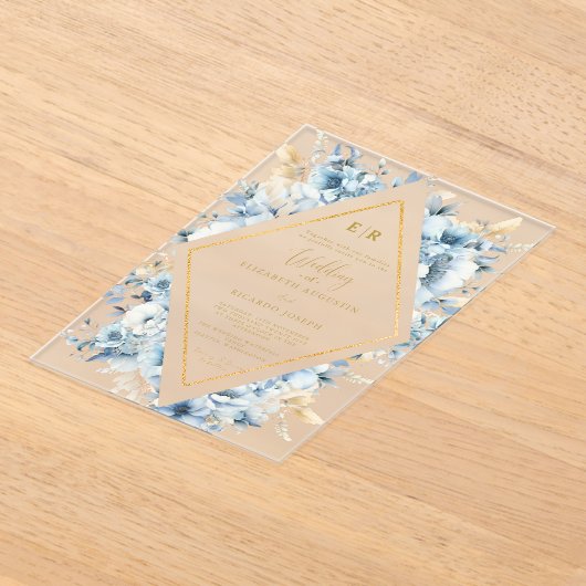 Navy Dusty Blauw Goud Bloemen Lente Bloei Bruiloft Acryl Uitnodigingen (Laagn)