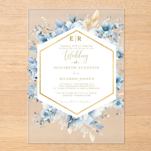 Navy Dusty Blauw Goud Bloemen Lente Bloei Bruiloft Acryl Uitnodigingen (Voorkant)