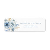 Navy Dusty Blauw Goud Bloemen Lente Bloei Bruiloft Etiket (Voorkant)