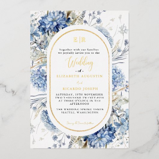 Navy Dusty Blauw Goud Bloemen Lente Bloei Bruiloft Folie Uitnodiging (Voorkant)