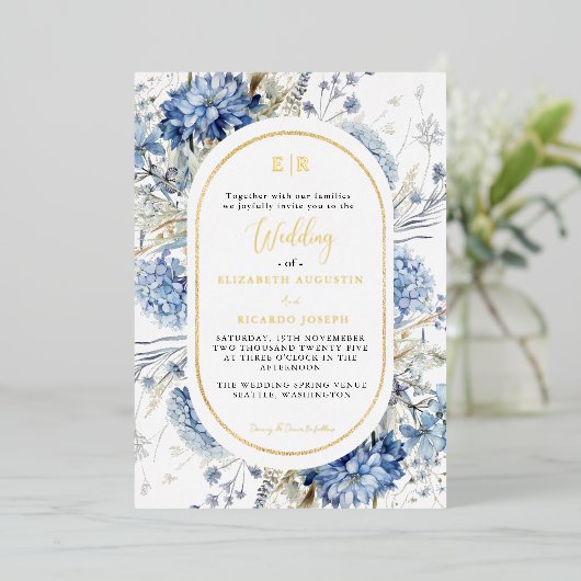 Navy Dusty Blauw Goud Bloemen Lente Bloei Bruiloft Folie Uitnodiging (Staand Voorkant)