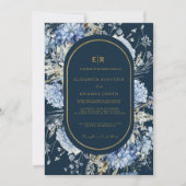 Navy Dusty Blauw Goud Bloemen Lente Bloei Bruiloft Kaart (Voorkant)