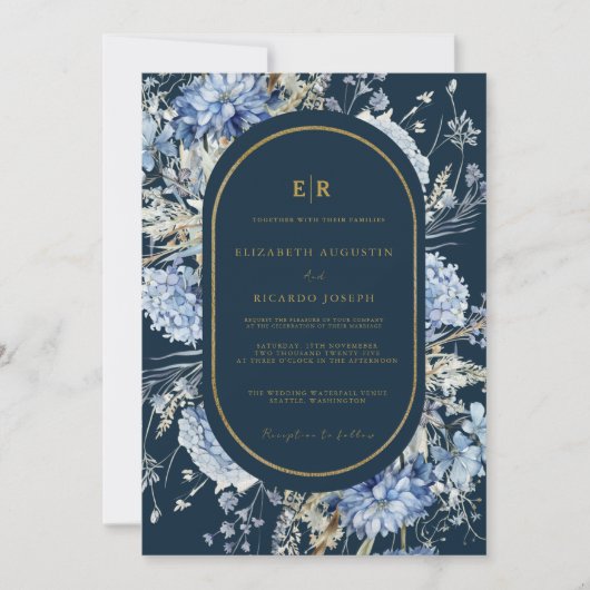 Navy Dusty Blauw Goud Bloemen Lente Bloei Bruiloft Kaart (Voorkant)