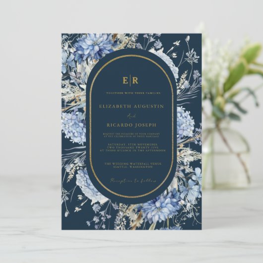 Navy Dusty Blauw Goud Bloemen Lente Bloei Bruiloft Kaart (Staand voorkant)