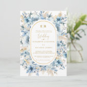 Navy Dusty Blauw Goud Bloemen Lente Bloei Bruiloft Kaart (Staand voorkant)