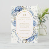 Navy Dusty Blauw Goud Bloemen Lente Bloei Bruiloft Kaart (Staand voorkant)