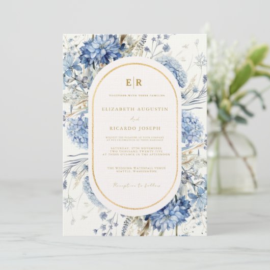 Navy Dusty Blauw Goud Bloemen Lente Bloei Bruiloft Kaart (Staand voorkant)