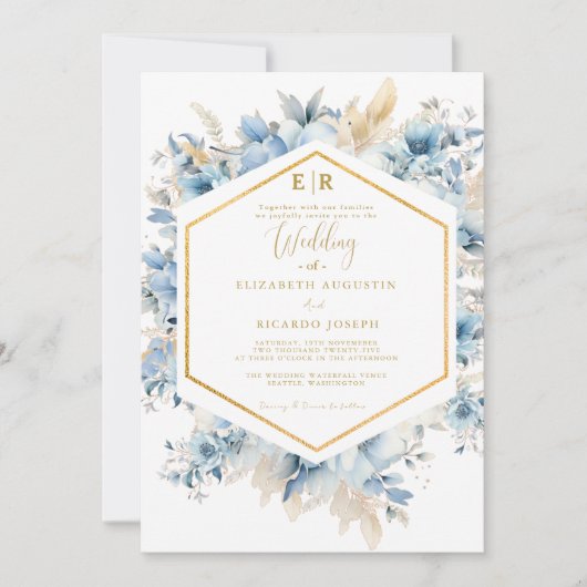 Navy Dusty Blauw Goud Bloemen Lente Bloei Bruiloft Kaart (Voorkant)