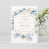 Navy Dusty Blauw Goud Bloemen Lente Bloei Bruiloft Kaart (Staand voorkant)