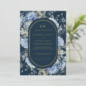 Navy Dusty Blauw Goud Bloemen Lente Bloei Bruiloft Kaart (Staand voorkant)