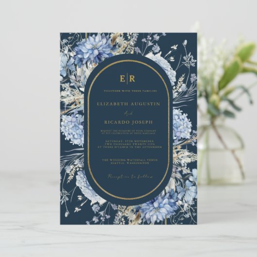 Navy Dusty Blauw Goud Bloemen Lente Bloei Bruiloft Kaart (Staand voorkant)