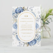 Navy Dusty Blauw Goud Bloemen Lente Bloei Bruiloft Kaart (Staand voorkant)