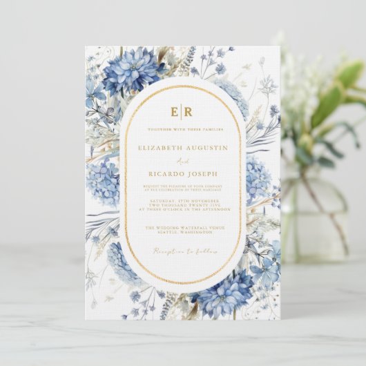 Navy Dusty Blauw Goud Bloemen Lente Bloei Bruiloft Kaart (Staand voorkant)