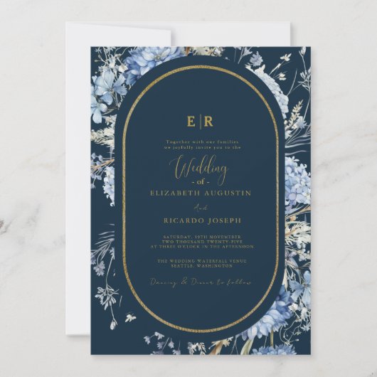 Navy Dusty Blauw Goud Bloemen Lente Bloei Bruiloft Kaart (Voorkant)