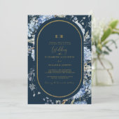 Navy Dusty Blauw Goud Bloemen Lente Bloei Bruiloft Kaart (Staand voorkant)