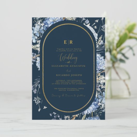 Navy Dusty Blauw Goud Bloemen Lente Bloei Bruiloft Kaart (Staand voorkant)