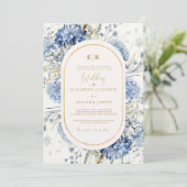 Navy Dusty Blauw Goud Bloemen Lente Bloei Bruiloft Kaart (Staand voorkant)