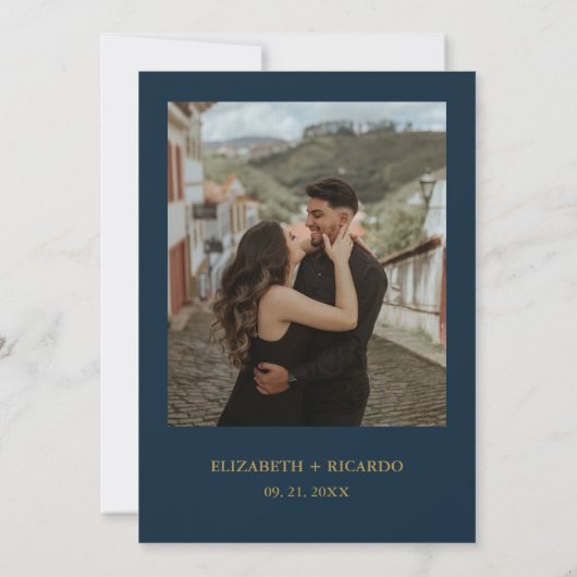 Navy Dusty Blauw Goud Bloemen Lente Bloei Bruiloft Kaart (Achterkant)