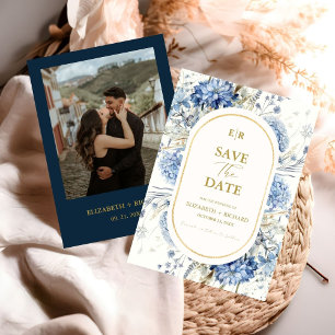 Navy Dusty Blauw Goud Bloemen Lente Bloei Bruiloft Kaart